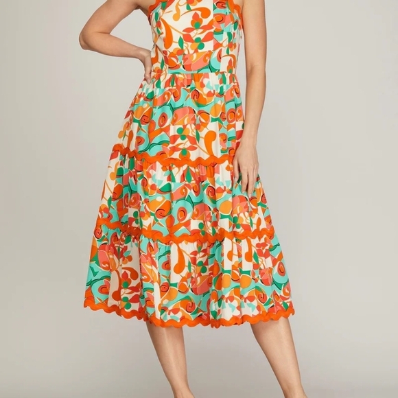 She + Sky Orange and Green Midi Dress - Picture 6 of 6